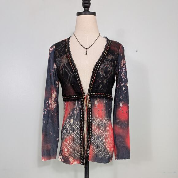 Alberto Makali Cardigan Sweater M Black Red Babydoll Silk Tie Feminine Fairy - Picture 1 of 16